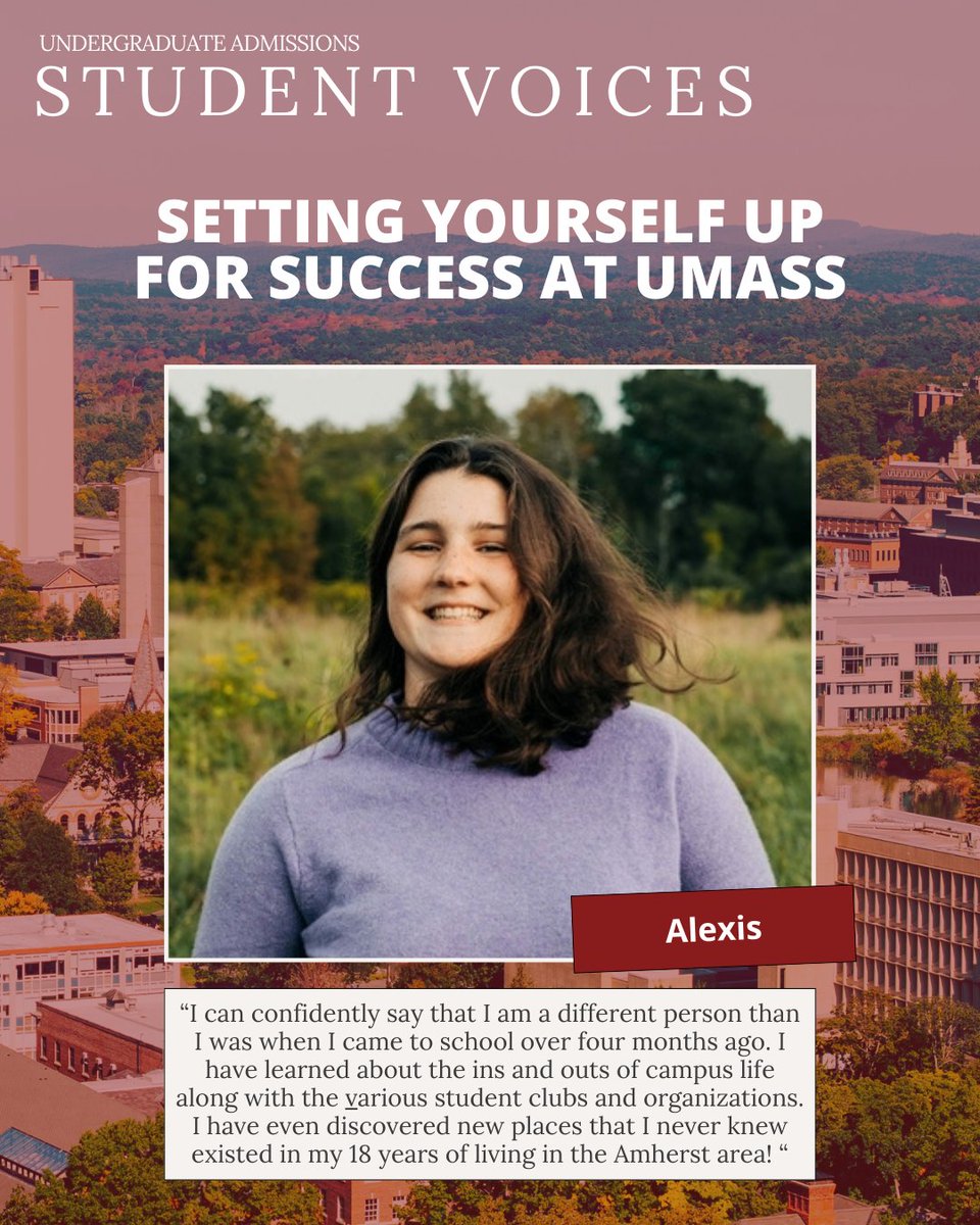 UMass Undergraduate Admissions (@umassadmissions) on Twitter photo 🏆 Everyone strives to be successful in college, but how do we do it? Read Alexis's tips below on how to set yourself up for success at <a href="/UMassAmherst/">UMass Amherst</a> ⬇️
umass.edu/admissions/art…
#umass #umassamherst #umassadmissions #umassstudentvoices 🏆 Everyone strives to be successful in college, but how do we do it? Read Alexis's tips below on how to set yourself up for success at <a href="/UMassAmherst/">UMass Amherst</a> ⬇️
umass.edu/admissions/art…
#umass #umassamherst #umassadmissions #umassstudentvoices