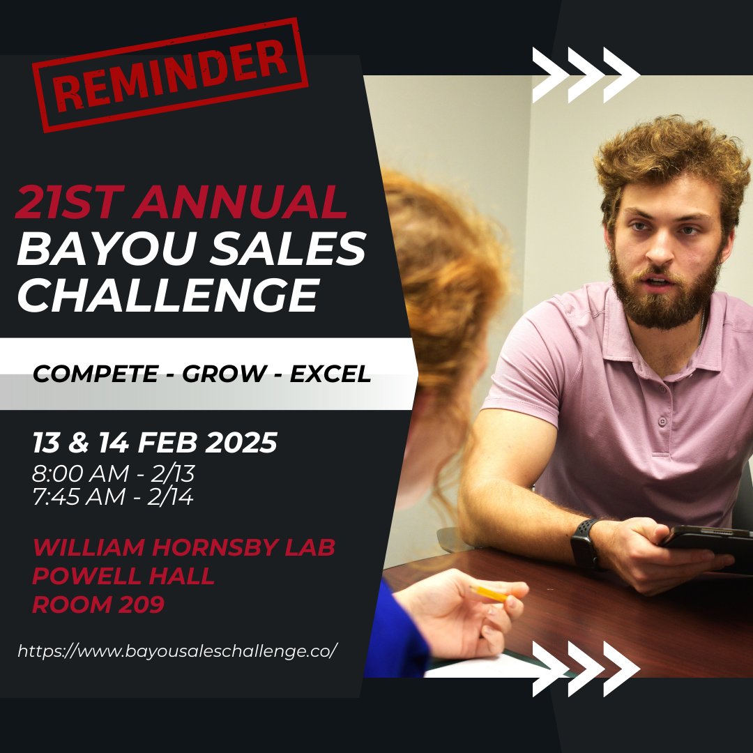 NichollsStCBA's tweet photo. REMINDER!! The 21st Annual Bayou Sales Challenge kicks off TOMORROW! It will begin at 8AM in Powell Hall. Show up and support our students! https://t.co/zeoTfzE1Cu