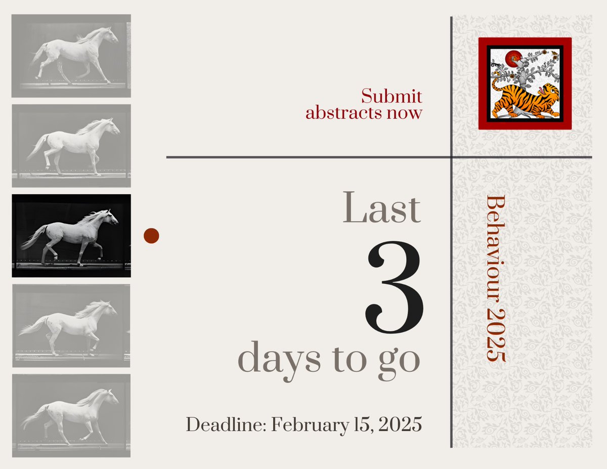 The Countdown is On! 

Only 3 days left to submit your #behaviour2025 abstract!

submission deadline - 15th February 2025 (11:59 pm IST)

For more updates: behaviourindia2025.in/Registration-a…

#AnimalBehavior 
#ScienceConference 
#ECRChat #CollaborationInScience #GlobalScience