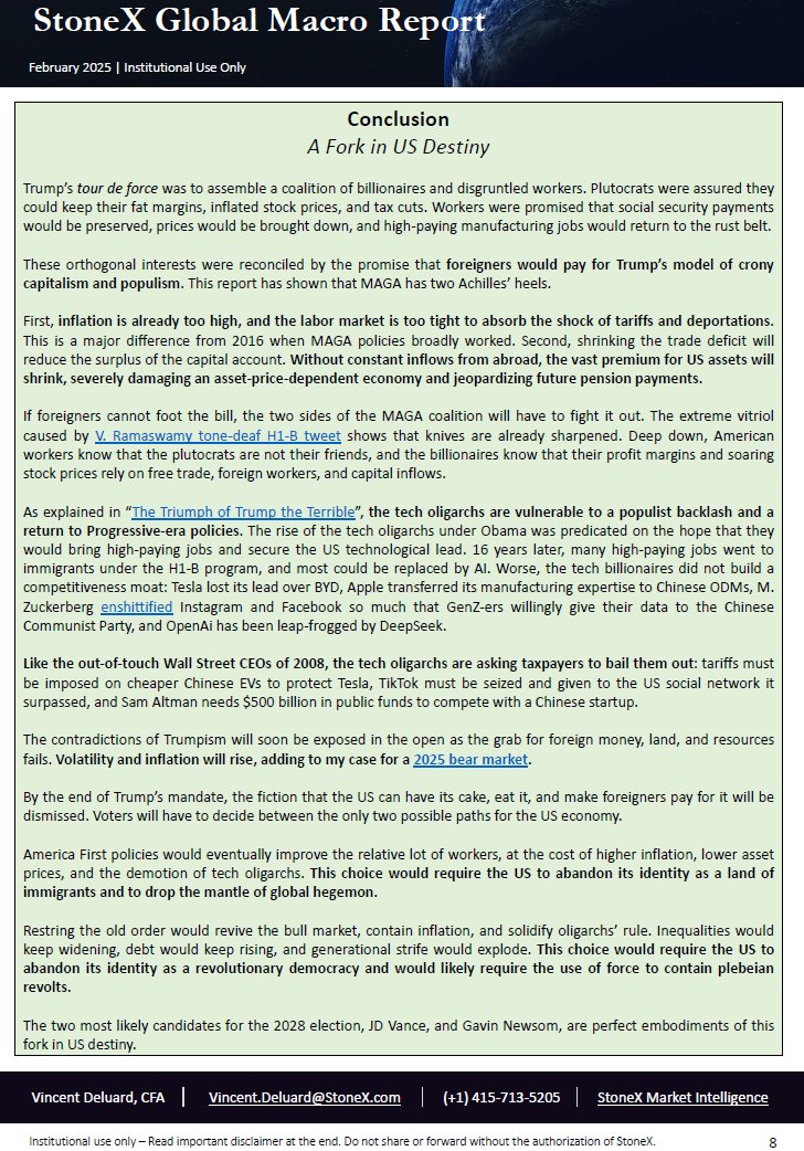 The big macro trends of the next four years 👇

➡️Trumpism worked in 2016, but it will be stagflationary this time
➡️ The billionaires and the MAGA base will fight it out
➡️ The tech oligarchs are the new Wall Street CEOs asking for their 2008 bailout
➡️ The real choice will be
