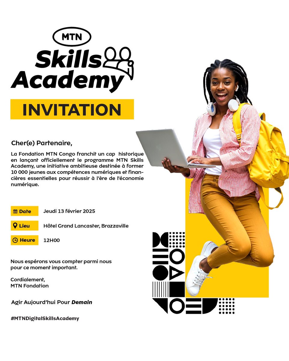 VOUS ÊTES INVITÉS  ✨
Ensemble, découvrons le futur de l’apprentissage avec le lancement officiel de Skills Academy 🚀! 

Soyez des nôtres pour cette présentation exclusive ✨
J-1⏳

#ElemboyaMTN #MTNDigitalSkillsAcademy #AgirAujourdhuiPourDemain #FondationMtncongo