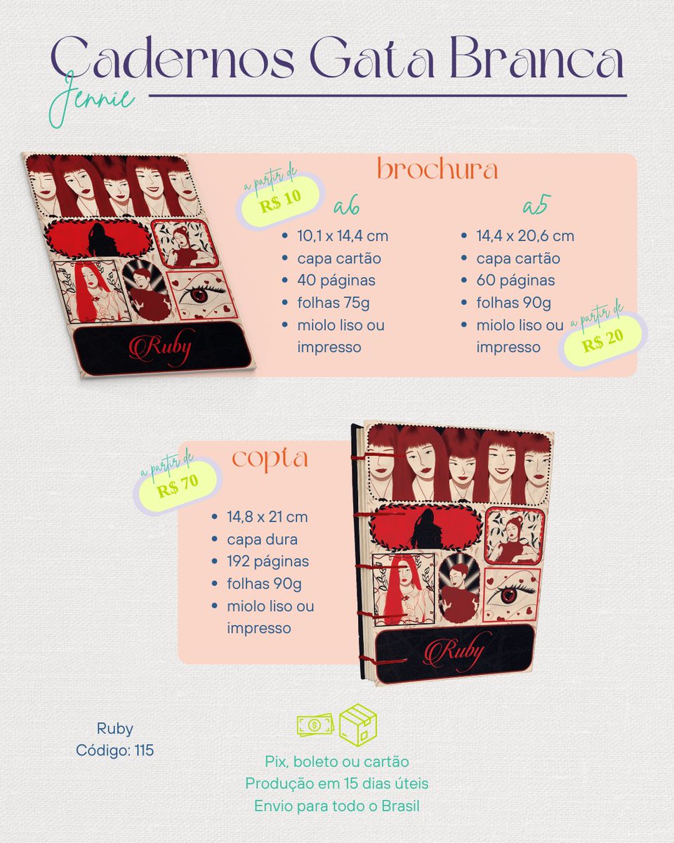 Nossa, quem é ela??

Finalmente está disponível em nosso catálogo o caderno de Ruby, da Jennie!

A partir de R$ 10,00 + frete você pode levar um desses pra casa, hein? Enviamos para todo o Brasil, corre encomendar o seu!

🛍️ lojagatabranca.lojavirtualnuvem.com.br/produtos/cader…