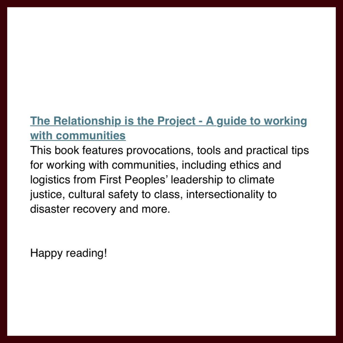 Delighted to spot #TheRelationshipIsTheProject on another recommended reading list. THANKS, PAC Australia.

#CommunityEngagedPractice #CommunityLedPractice #CommunityArt #CommunityArts #CACD #CCD #CommunityArtsAndCulturalDevelopment #CommunityCulturalDevelopment #SocialPractice