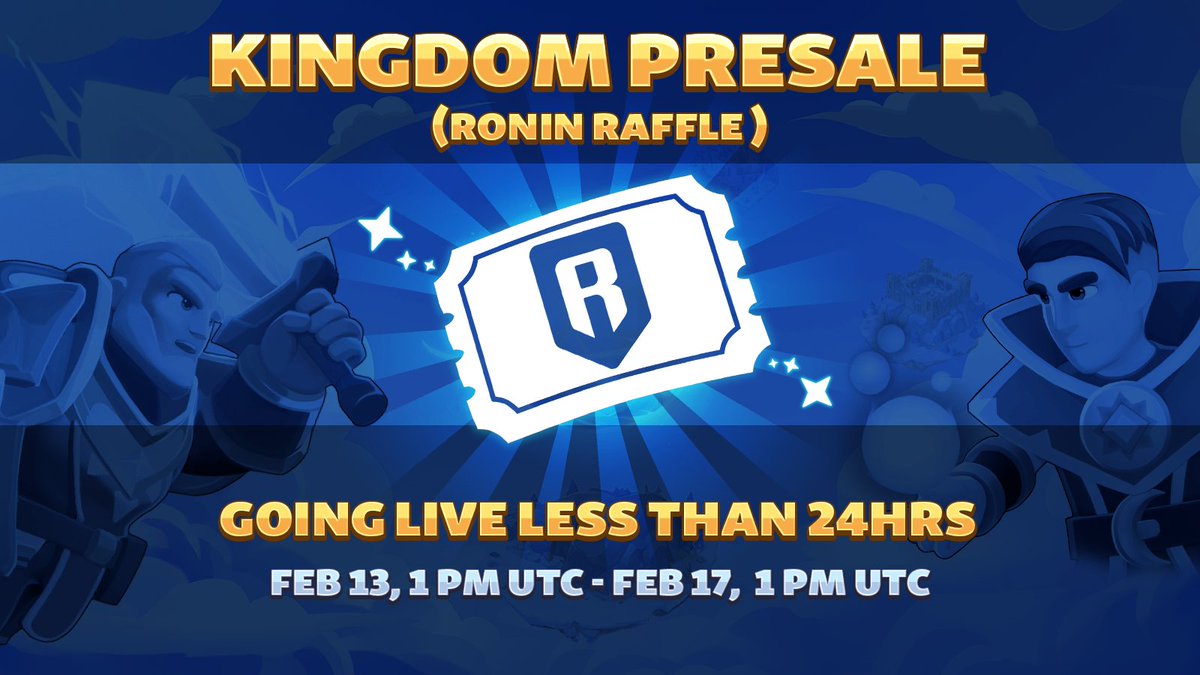 Open Ronin = Open Raffle! ⚔️

The Fableborne Kingdoms NFT Presale Raffle begins tomorrow at 1PM UTC 🎟️

Unlimited Entries! 
More tickets = higher chances to claim a Kingdom.

Mark your calendars on the Ronin Market Launchpad now! marketplace.roninchain.com/launchpads/pre…