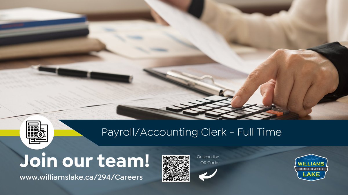Join our team!

The City of Williams Lake has a full-time opening available for the position of Payroll/Accounting Clerk.

For the complete job description and application information visit:
williamslake.ca/Jobs.aspx?Uniq…