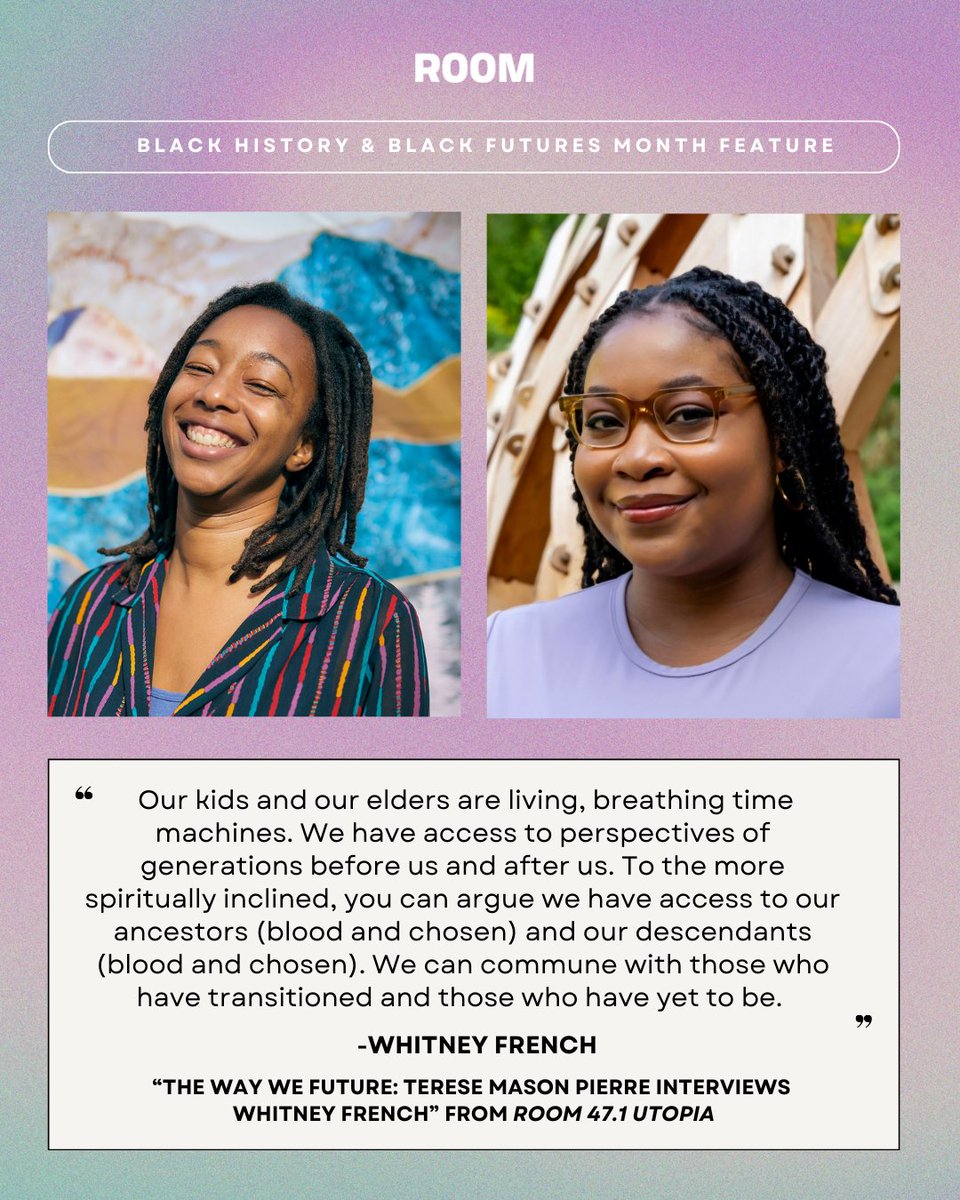 Room Magazine (@roommagazine) on Twitter photo How can we envision the future in times of mass crisis and grief?
We revisit what it means to imagine better worlds ⎯ or if such a thing exists ⎯ from Whitney French's conversation with <a href="/teresempierre/">Terese Mason Pierre</a> in Room 47.1 Utopia:
roommagazine.com/whats-new/inte… How can we envision the future in times of mass crisis and grief?
We revisit what it means to imagine better worlds ⎯ or if such a thing exists ⎯ from Whitney French's conversation with <a href="/teresempierre/">Terese Mason Pierre</a> in Room 47.1 Utopia:
roommagazine.com/whats-new/inte…