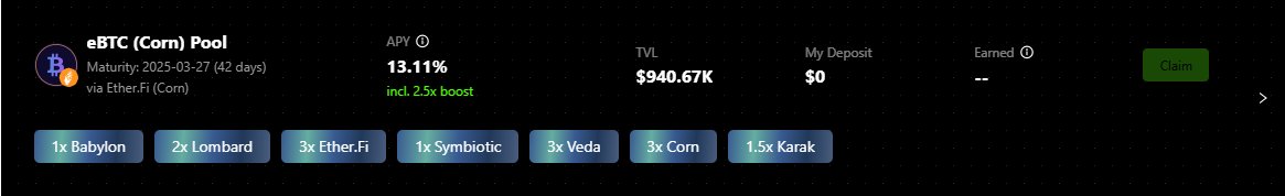 DocMises's tweet photo. uniBTC is Bedrock's LST, giving you exposure to Bedrock + Babylon Depositing into this specific Pendle pool will earn you up to 13.11% APY (today) and Babylon 1X, Lombard 2X, Veda 3 X, Corn 3X and others as shown in the image below. It's a great opportunity! https://t.co/m3TCFM4Gh0