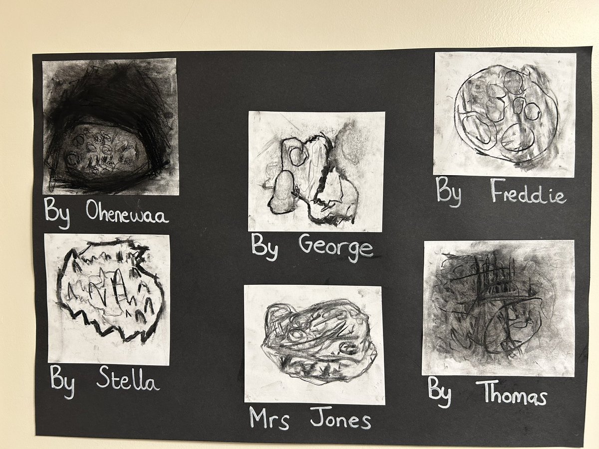 We have enjoyed using charcoal to create our pictures of the volcanic rock Beri brought back for us from Italy. We found it very interesting to feel and investigate the textures and shapes. Wonderful work Reception!