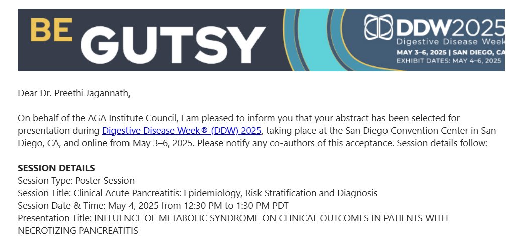 Preethi Jagannath, MBBS (@preethijaganna2) on Twitter photo Exciting news! Our abstract has been accepted for #DDW2025 in San Diego, CA this May! 🎉 Grateful to our mentor <a href="/VinayChandraMD/">Vinay Chandrasekhara, MD</a> and the team at <a href="/MayoClinicGIHep/">Mayo Clinic Gastroenterology & Hepatology</a> for their support 🥰. Looking forward to sharing our work! #GI #Research #DDW Exciting news! Our abstract has been accepted for #DDW2025 in San Diego, CA this May! 🎉 Grateful to our mentor <a href="/VinayChandraMD/">Vinay Chandrasekhara, MD</a> and the team at <a href="/MayoClinicGIHep/">Mayo Clinic Gastroenterology & Hepatology</a> for their support 🥰. Looking forward to sharing our work! #GI #Research #DDW
