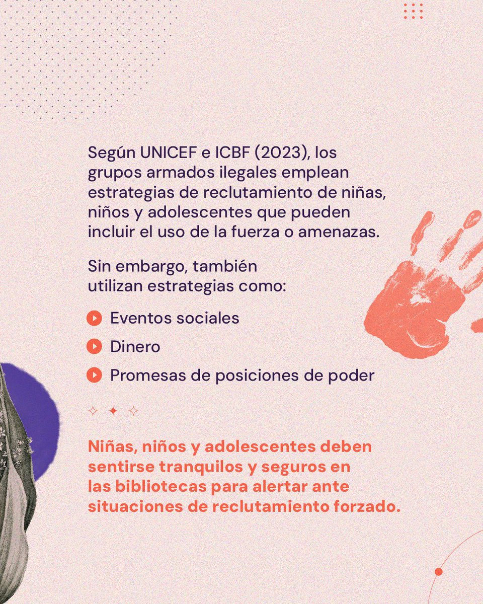 🔴🤚🏽La niñez y la adolescencia en las bibliotecas, jamás en la guerra 

Hoy, en el Día Mundial de las Manos Rojas, nos unimos a este llamado para rechazar el reclutamiento, utilización y violencia sexual en contra de niñas, niños y adolescentes en la guerra.