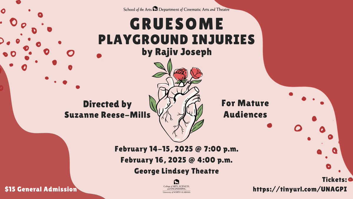 🎭 𝗔 𝗟𝗼𝘃𝗲 𝗪𝗿𝗶𝘁𝘁𝗲𝗻 𝗶𝗻 𝗦𝗰𝗮𝗿𝘀...  ❤️‍🔥⁠
UNA CAT presents 𝙂𝙧𝙪𝙚𝙨𝙤𝙢𝙚 𝙋𝙡𝙖𝙮𝙜𝙧𝙤𝙪𝙣𝙙 𝙄𝙣𝙟𝙪𝙧𝙞𝙚𝙨 by Rajiv Joseph

📅Feb. 14-15 @ 7:00 p.m. | Feb. 16 @ 4:00 p.m.
📍George S. Lindsey Theatre⁠
🎫 tinyurl.com/UNAGPI