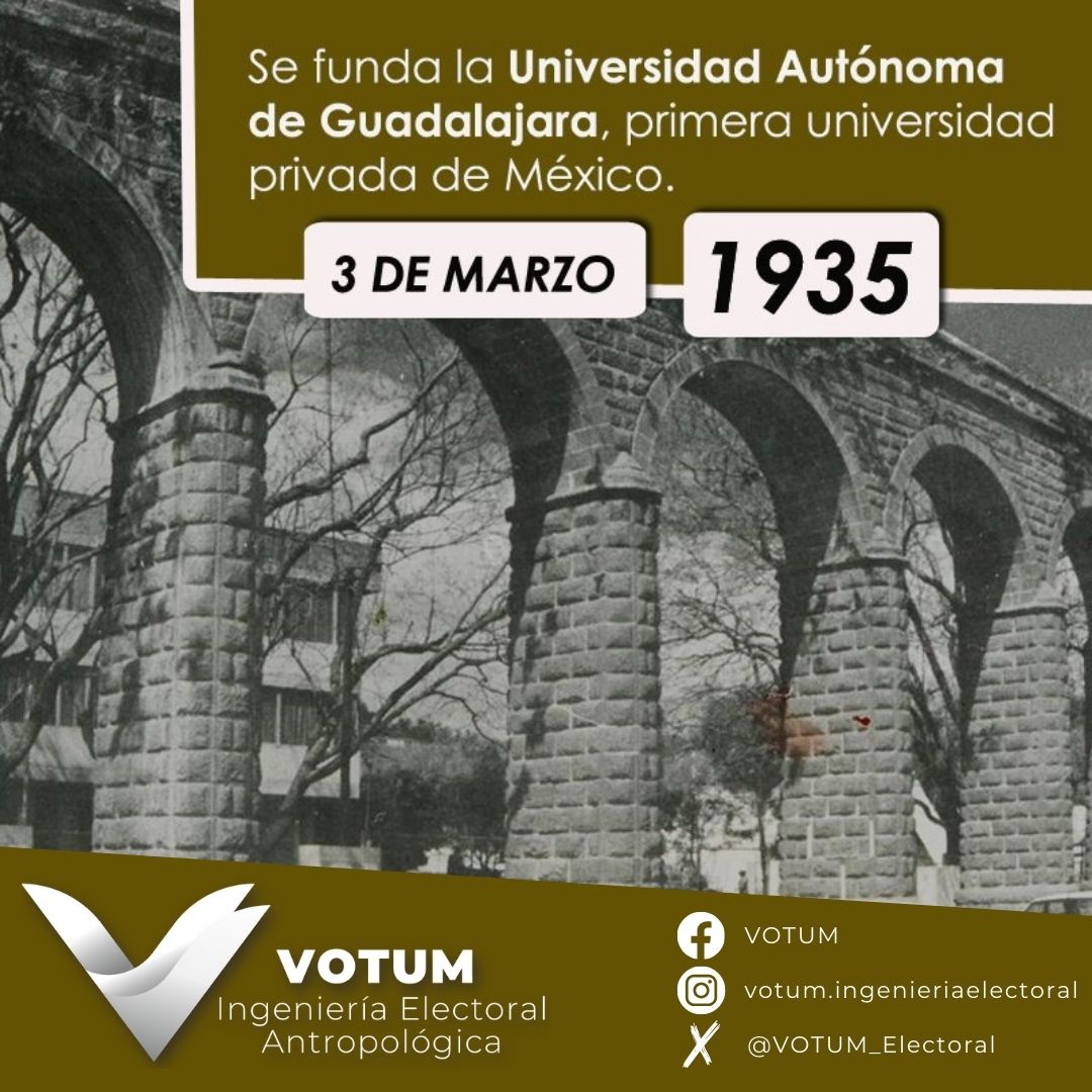 🎓 3 de marzo de 1935 | Se funda la Universidad Autónoma de Guadalajara, la primera universidad privada de México.

En #VOTUM reconocemos la importancia de la educación como motor de cambio y transformación social.