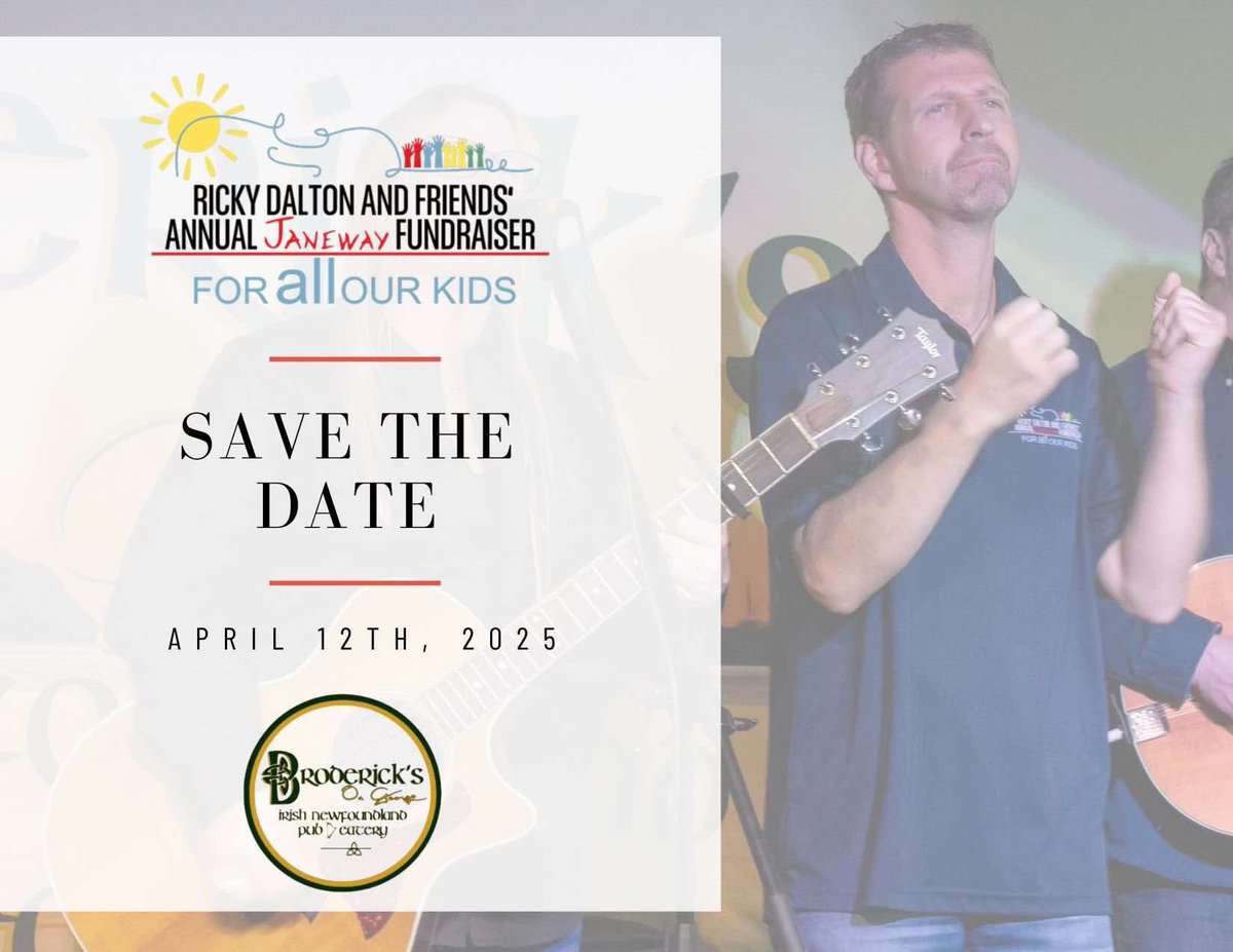 Save the Date!! Join  me and my friends at Broderick’s on Saturday April 12th for the 8th Annual Janeway Fundraiser with great entertainment, more details to follow !! <a href="/RadioGregSmith/">Greg Smith</a> <a href="/OZFMJigsReels/">OZFM Jigs & Reels</a> <a href="/JanewayNL/">Janeway Children’s Hospital Foundation</a> <a href="/LoyolaOD/">Loyola O'Driscoll</a> <a href="/lorilydialove/">Lori-Lydia Loveless</a> <a href="/CBCNL/">CBC Newfoundland and Labrador</a>