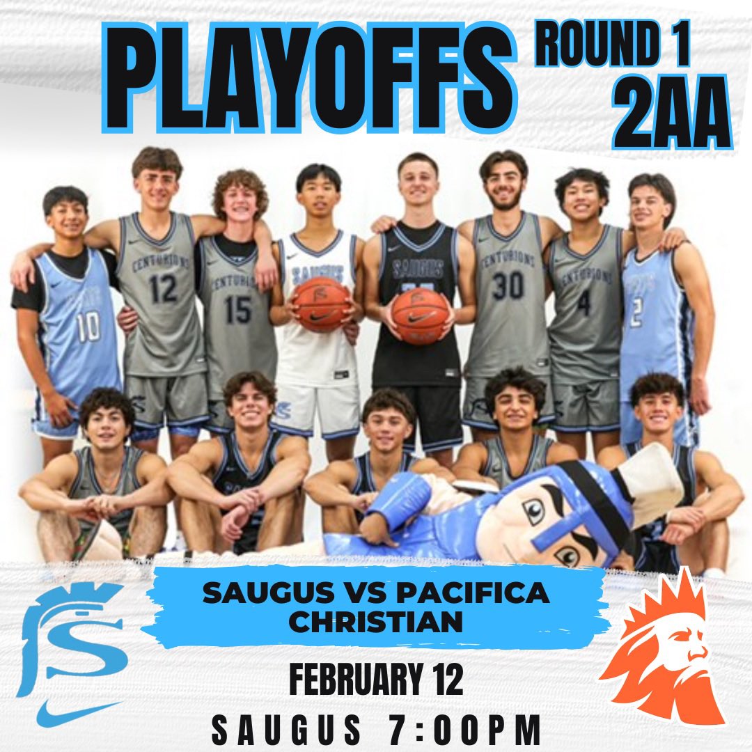 🚨GAME DAY🚨
🏀PLAYOFFS 2AA🏀

📆| February 12
⏰| 7:00PM
🆚| Pacifica Christian HS 
📍| Saugus HS