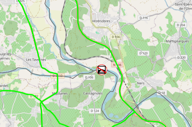 🚧<a href="/Gard/">Conseil départemental du Gard</a>  #RD106 Pont de Cassagnoles à Vézénobres Fermé en raison de l'inondation d'un point bas (ruissellement) juste avant l'ouvrage.
<a href="/objectifgard/">ObjectifGard</a> <a href="/icigardlozere/">iCI Gard Lozère</a>
<a href="/WazeGard/">WazeGard</a> <a href="/pompiersdugard/">Sapeurs Pompiers du Gard</a> <a href="/Prefet30/">Préfet du Gard</a>
<a href="/objectifgard/">ObjectifGard</a> <a href="/InfoFlash_30/">🇫🇷 InfoFlash_30</a> <a href="/infoccitanie/">InfOccitanie</a>