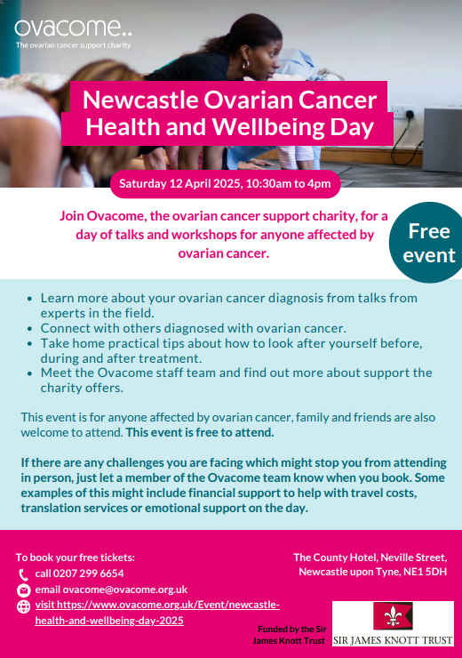 There is a great event coming up for anyone affected by ovarian cancer. 

📍The County Hotel, Neville Street, Newcastle NE1 5DH 
📆Saturday 12th April 2025 
⌚10:30am - 16:00 

Please share to raise awareness to those who will benefit from this