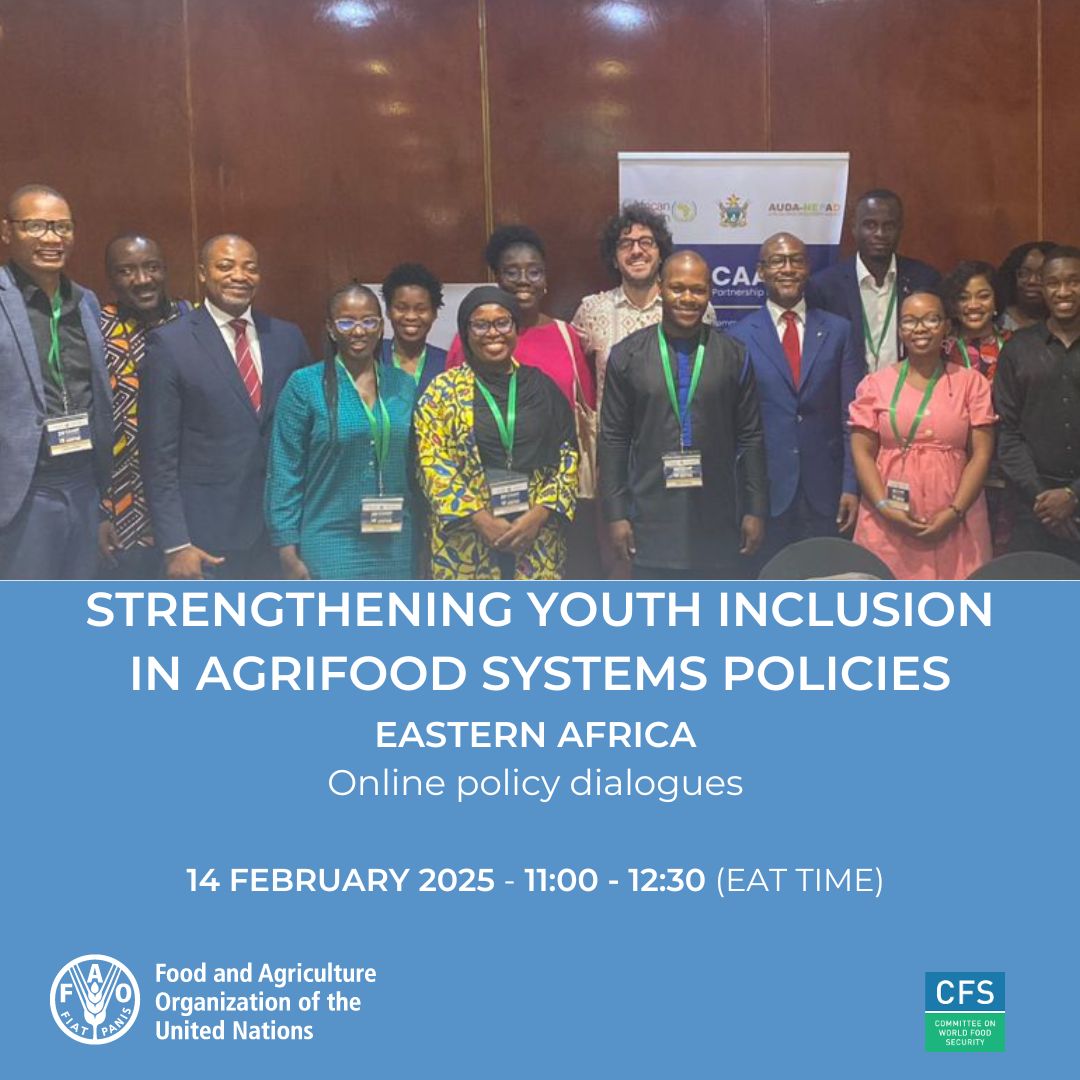 🌱📢 SAVE THE DATE! 🚀
Join the #FAO online policy dialogue on ‘Strengthening Youth Inclusion in Agrifood Systems Policies in East Africa in support of #CFS!

📅 14 Feb | ⏰ 11:00-12:30 EAT
📍 Register: fao.zoom.us/webinar/regist…

 #YouthInAgriculture #FoodSecurity #PolicyDialogue