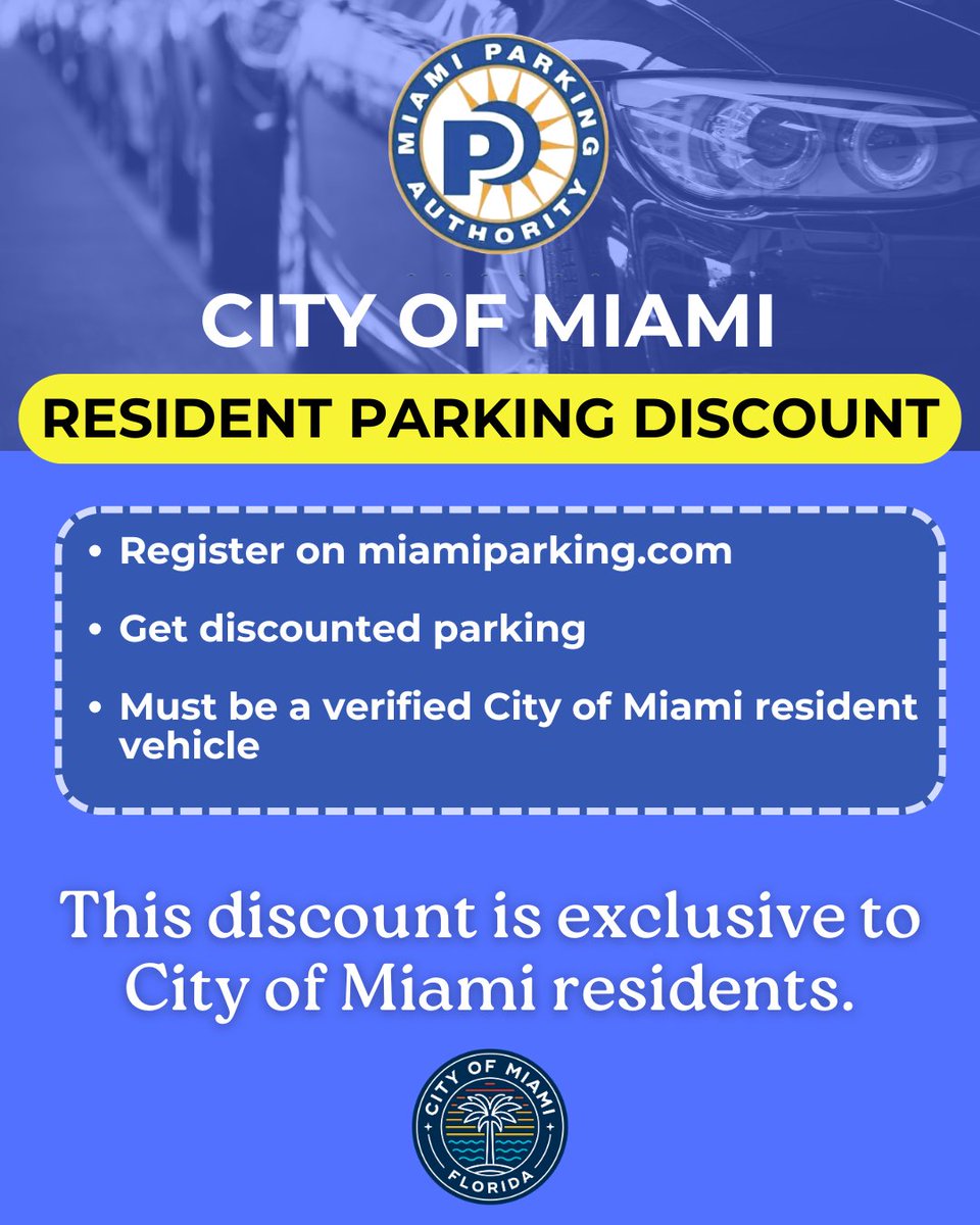 City of Miami (@cityofmiami) on Twitter photo Miami Residents, Save on Parking! 🚗💰 If you live in the City of Miami, you can enjoy a special parking discount! Simply register on the Miami Parking Authority website to get a reduced rate. <a href="/miamiparking/">Miami Parking</a> Miami Residents, Save on Parking! 🚗💰 If you live in the City of Miami, you can enjoy a special parking discount! Simply register on the Miami Parking Authority website to get a reduced rate. <a href="/miamiparking/">Miami Parking</a>