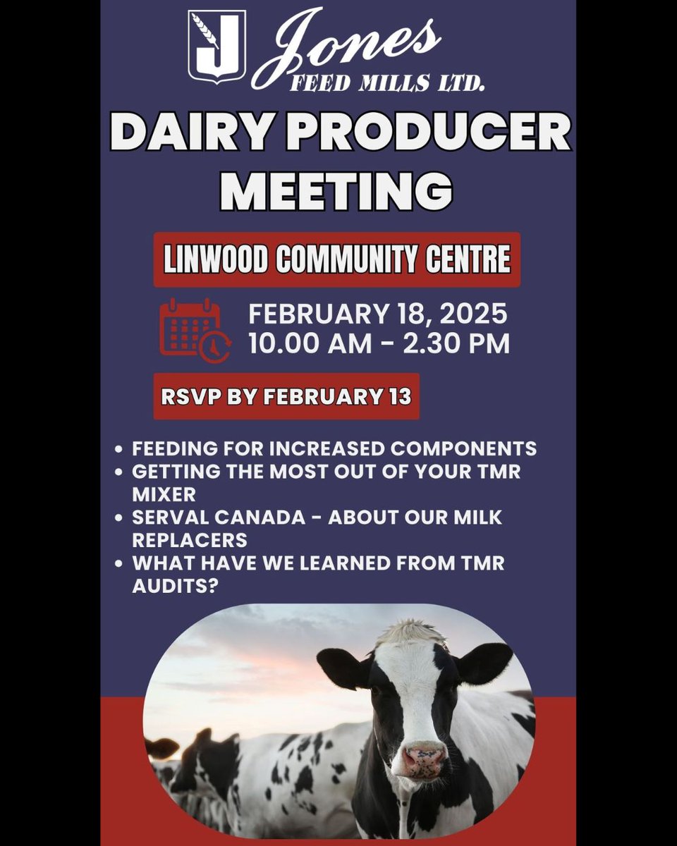 Tomorrow (February 13th) is the last day to register for our Dairy Producer Meeting. Please RSVP to your sales rep or to the order desk (1-800-265-8735). Lunch will be provided and rides are available upon request. #jfmdairy #jonesfeedmills #dairyproducermeeting