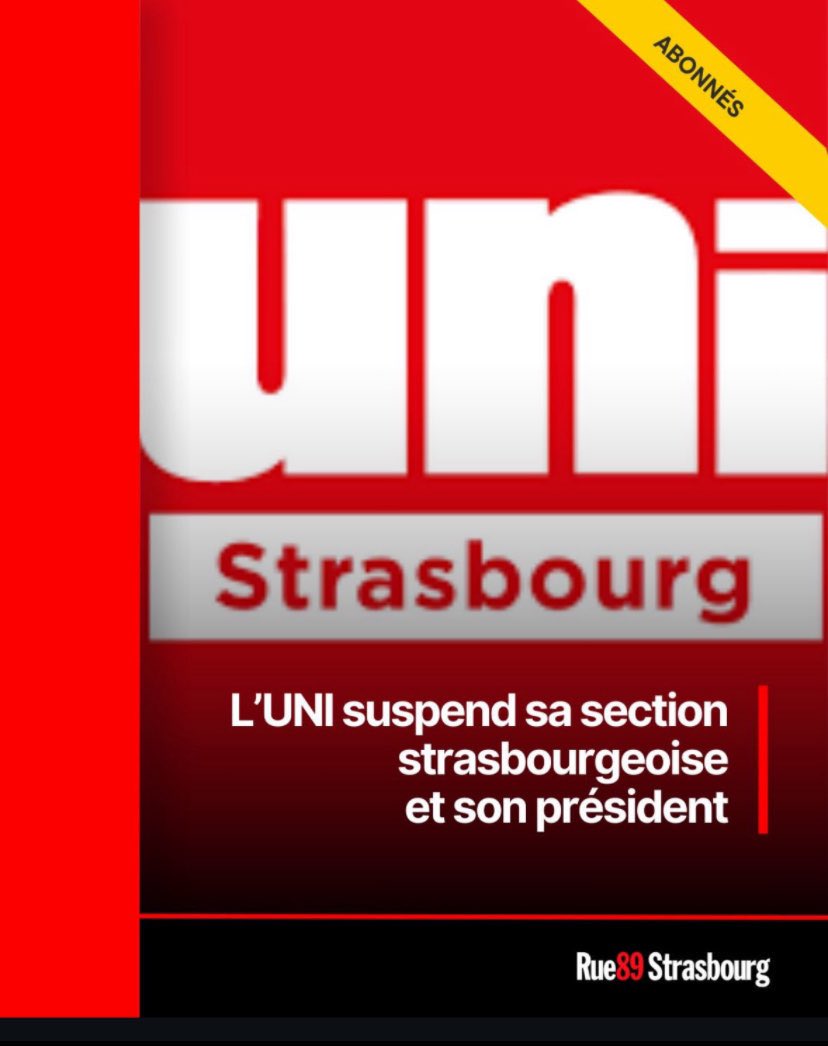 Ce n’est que le début ! 

Les révélations et les pressions ont permis cette autosuspension mais ce n’est pas suffisant ! 

👉 Toulouse, Rennes, et dans bien d’autres villes l’UNI a les mêmes pratiques ! 

L’extrême droite n’a sa place dans aucune fac ! Continuons la pression !