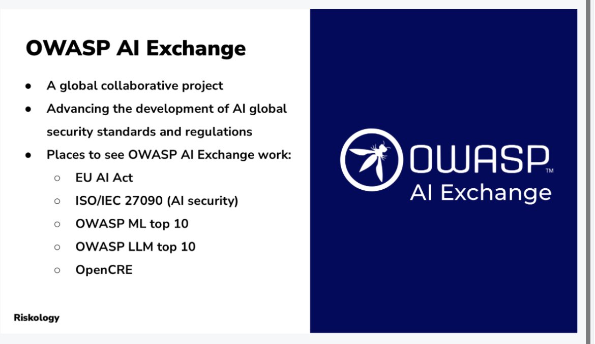 DobkoMaria's tweet photo. From talk by Demetrios Lazarikos -
A good start to learn about #AI in #security: 
OWASP AI Exchange. https://t.co/wLz2Ec4h0J