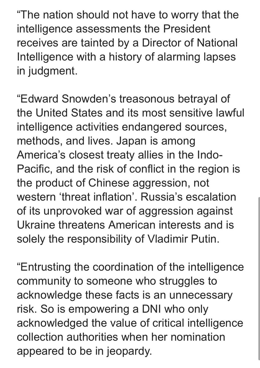 Sen. Mitch McConnell after voting against Gabbard says “the nation should not have to worry that the intelligence assessments the President recieves are tainted” by a DNI “with a history of alarming lapses in judgment.”