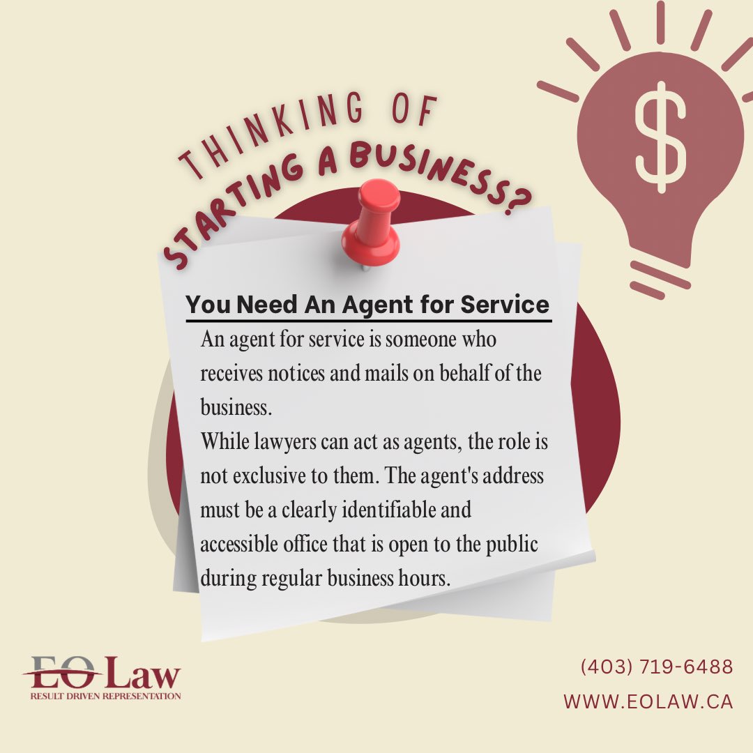 eolawoffice's tweet photo. One key requirement for registering a business in Alberta is having an agent for service who is required to have a local address where your mail and notices will be delivered.
For legal advice or representation in Business Law, contact us!
#albertabusiness #businessstartup https://t.co/F73abSuzIp