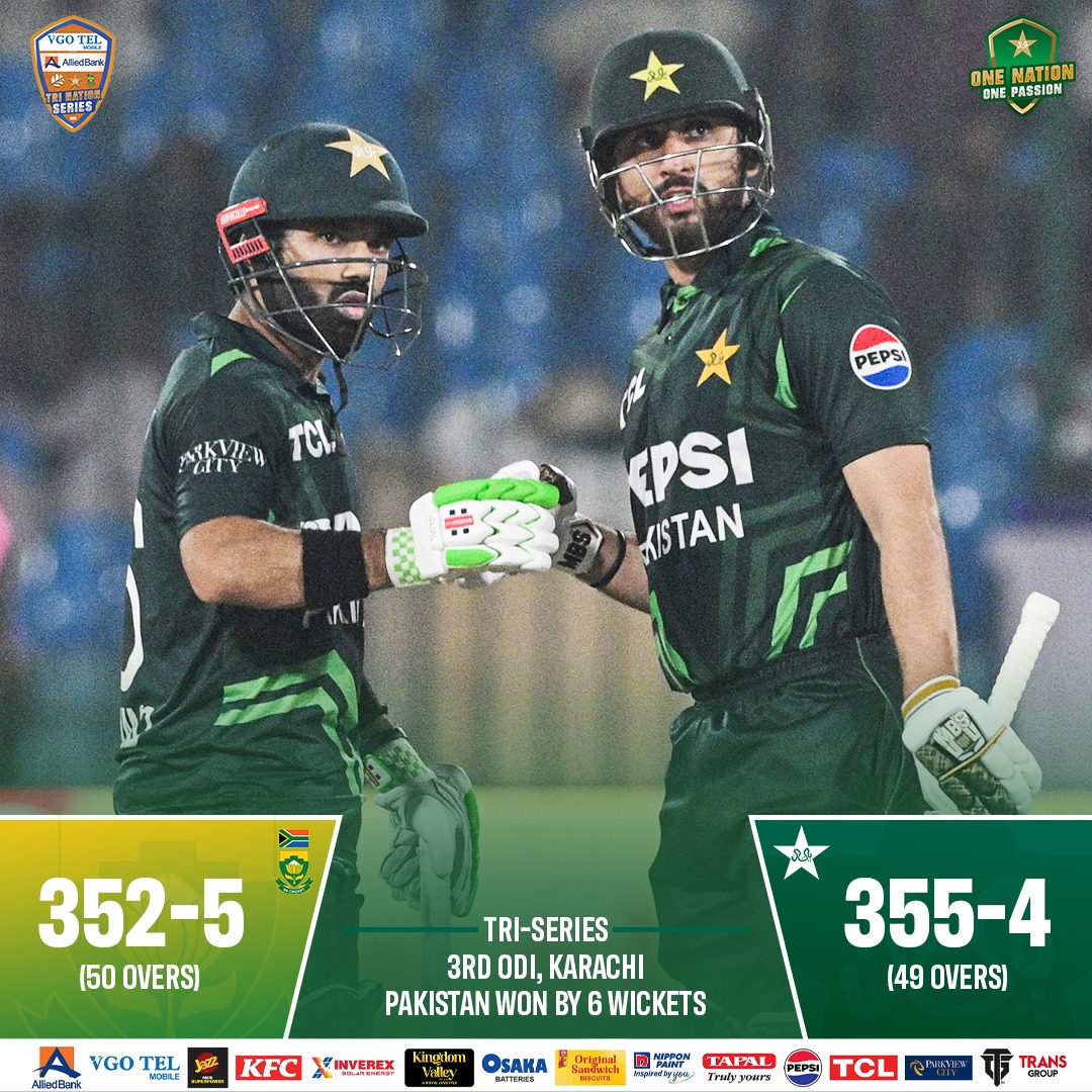 TheRealPCB's tweet photo. One of the all-time great ODI chases! ✨

Pakistan book a place in the tri-series final after scaling down 3️⃣5️⃣3️⃣ 🏏

#3Nations1Trophy | #PAKvSA https://t.co/ZmR2LkrR6k