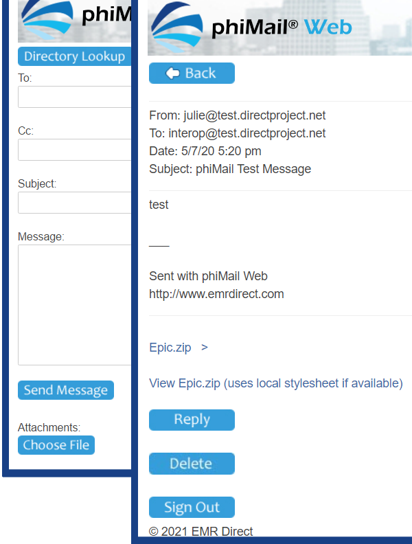 EMRDirect's tweet photo. Our low-cost services come with Directory-lookup capability, built right in to the user interface with phiMail Web or customizable in your own UI with phiMail Integrated &amp; SDKs with sample code. 
Learn more: 
https://t.co/AHGvRPKWuQ
Shown below: message compose &amp; message view https://t.co/bMb5Gq4dUz