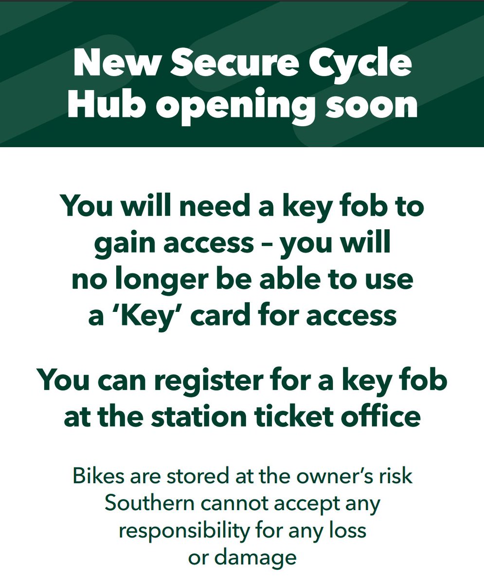 The "cycle hub" cycle parking at #Hove train station adopts a new “Paxton Fob” security system TOMORROW 13th February at 7am!
Take photo ID to get a free fob from the ticket office at Hove. #Brighton due to change on 27 Feb.