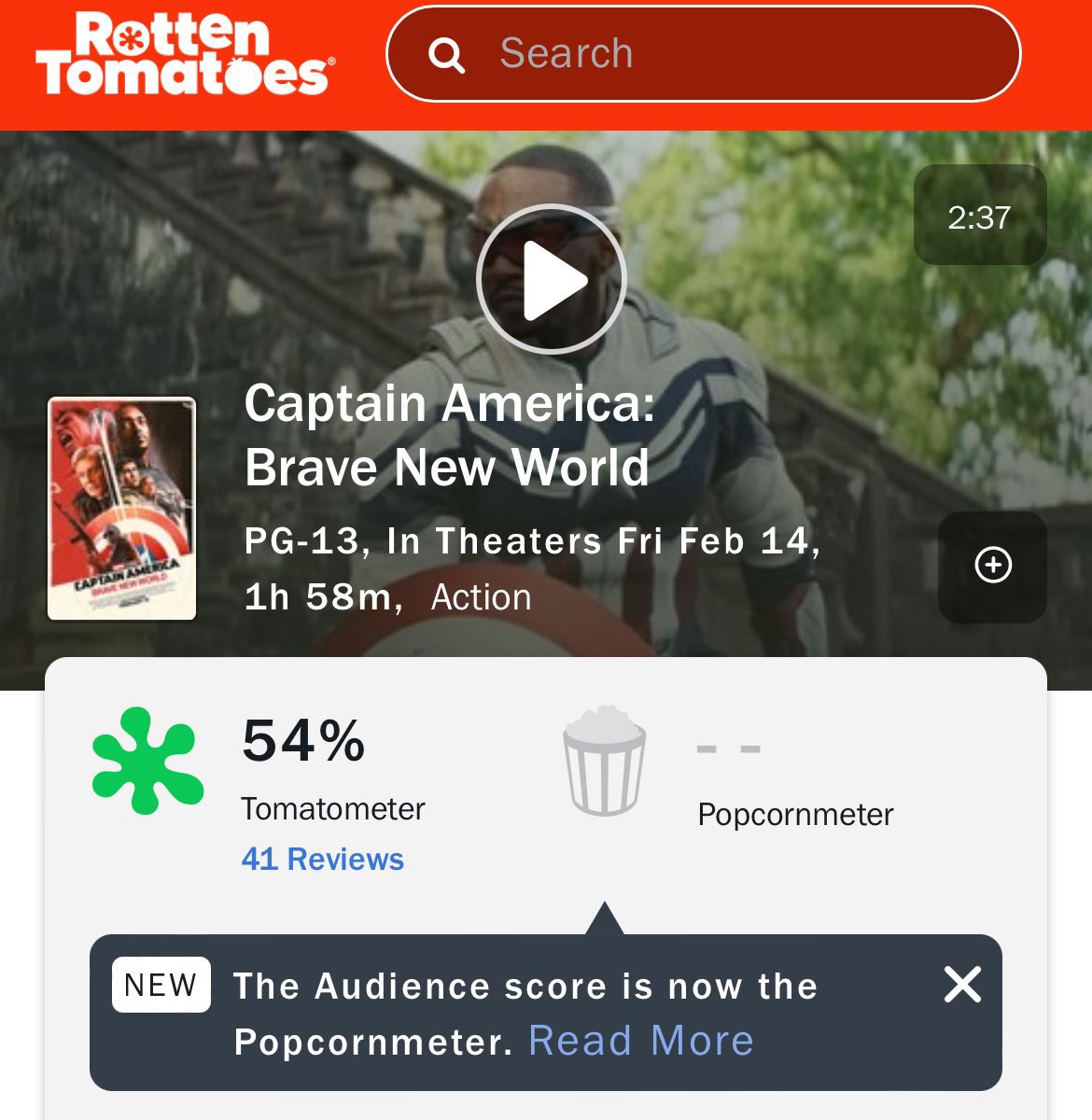SitoCinema's tweet photo. "CAPTAIN AMERICA: BRAVE NEW WORLD" debuta con un 54% en Rotten Tomatoes.

Imaginaros el nivel ya que esta página suele dar notas desorbitadas a Marvel Studios, no estamos preparados...🤐 #SitoCinemaTeníaRazón 

#CaptainAmericaBraveNewWorld https://t.co/Uy1BT2xvcQ