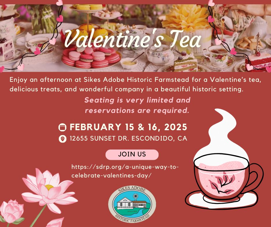 sdrvc's tweet image. Have you registered for the Valentine’s Tea at Sikes Adobe Historic Farmstead? Visit: sdrp.org.

#SDRVC #SDRP #SanDieguitoRiverPark
