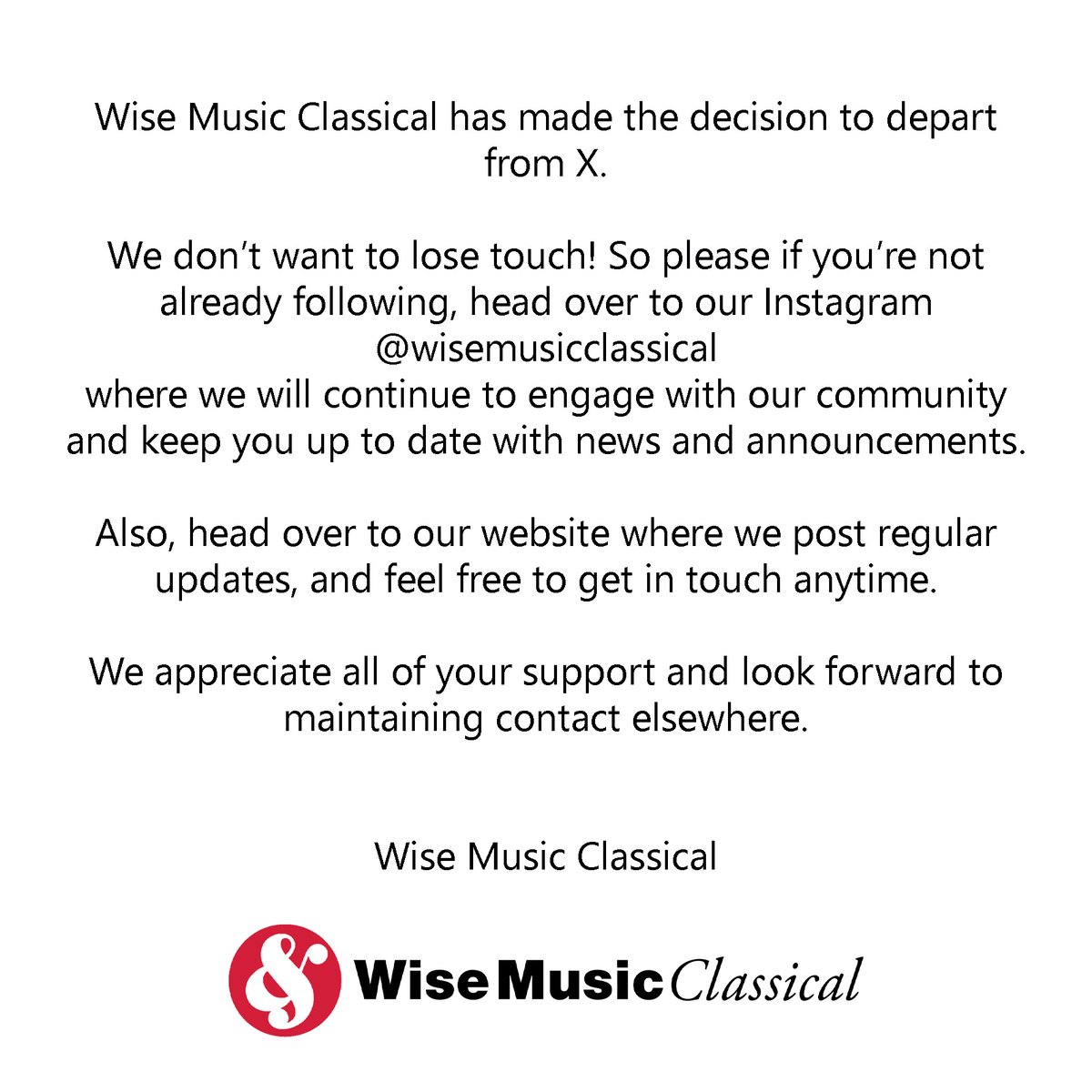 G. Schirmer Inc., part of Wise Music Classical is departing from X.