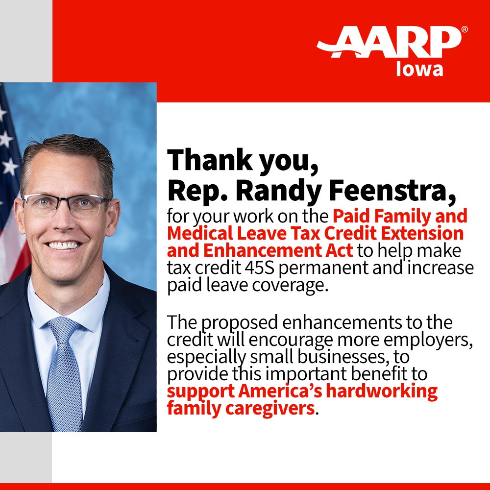 AARP Iowa (@aarpiowa) on Twitter photo Thank you, <a href="/RepFeenstra/">Rep. Randy Feenstra</a>, for introducing the Paid Family and Medical Leave Tax Credit Act. The proposed enhancements in the bill will encourage more employers—especially small businesses—to provide this important benefit to our nation's 48 million family caregivers. 👏👏👏 Thank you, <a href="/RepFeenstra/">Rep. Randy Feenstra</a>, for introducing the Paid Family and Medical Leave Tax Credit Act. The proposed enhancements in the bill will encourage more employers—especially small businesses—to provide this important benefit to our nation's 48 million family caregivers. 👏👏👏