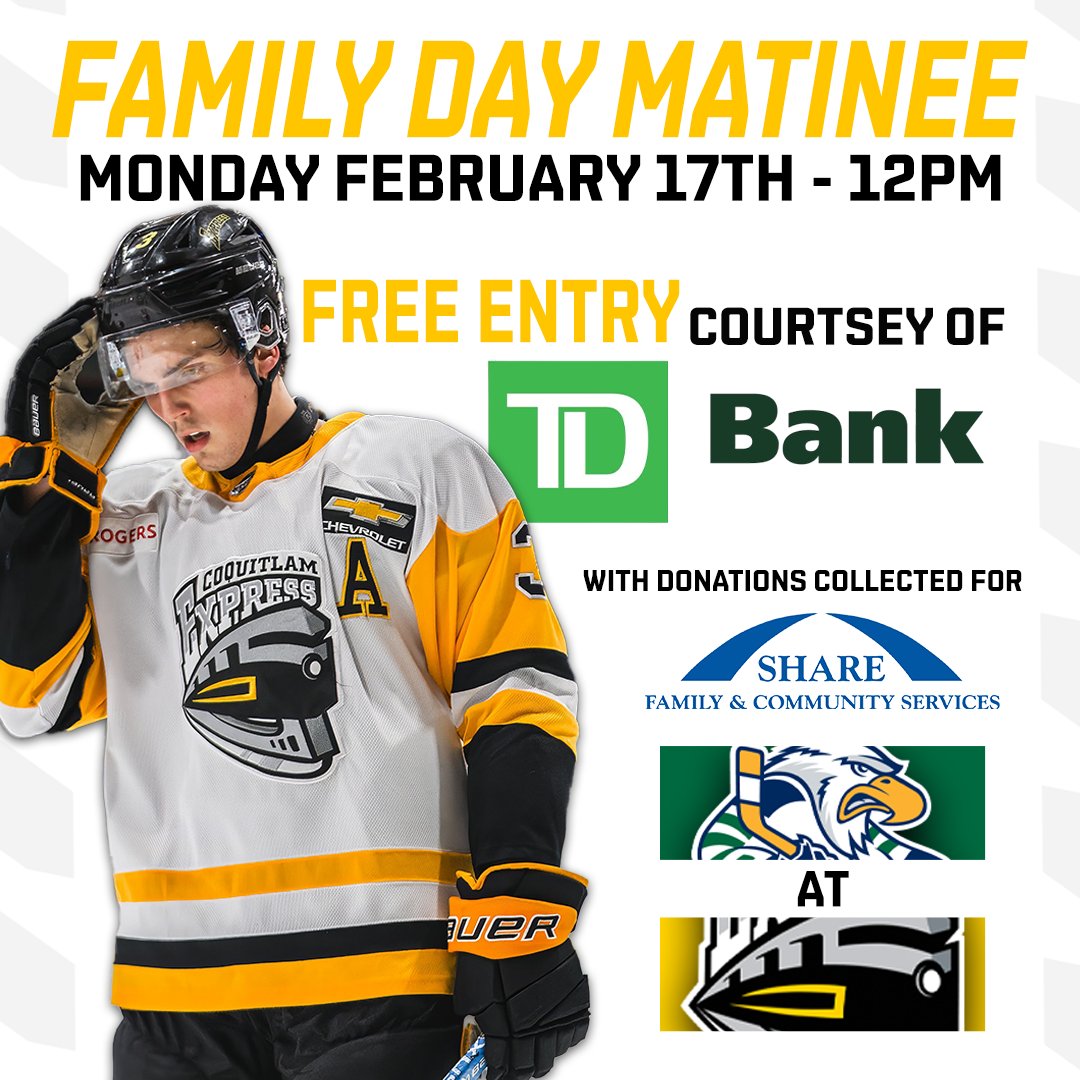 Join Us for a Free Family Day Game!

Mon, Feb 17, celebrate Family Day with us as we take on the Surrey Eagles &amp; thanks to TD Bank, admission is absolutely FREE for you and your family

If you can, please consider bringing a non-perishable food item to support the SHARE Food Bank