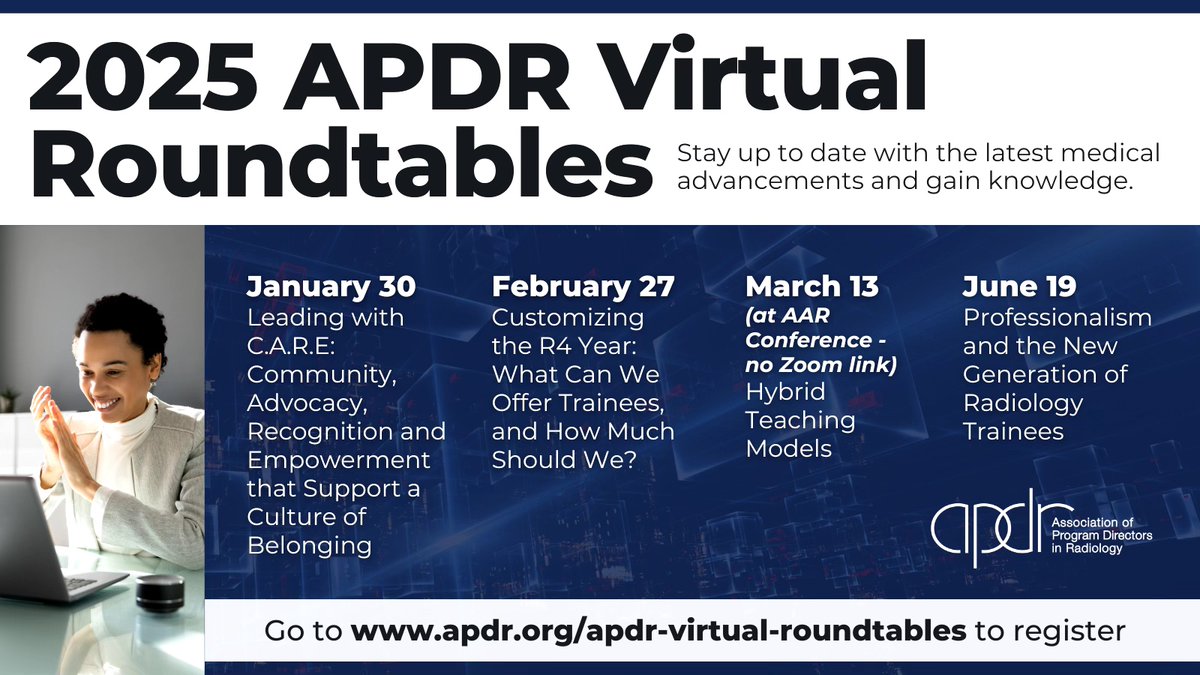 The APDR (@theapdr) on Twitter photo Announcing the 2025 <a href="/theAPDR/">The APDR</a> Roundtable lineup, featuring insightful discussions on fellowship models, fostering belonging in radiology, hybrid teaching, and professionalism for todayโs trainees.
Sign up for the 1st Roundtable Jan. 30, 1 PM EST on Zoom
bit.ly/3uFHghM Announcing the 2025 <a href="/theAPDR/">The APDR</a> Roundtable lineup, featuring insightful discussions on fellowship models, fostering belonging in radiology, hybrid teaching, and professionalism for todayโs trainees.
Sign up for the 1st Roundtable Jan. 30, 1 PM EST on Zoom
bit.ly/3uFHghM
