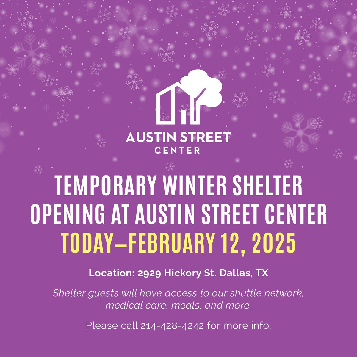 Tonight's temperatures in Dallas are unsafe for unsheltered individuals. Austin Street will open a temporary winter shelter today, Feb. 12 w/ intake from 3-10pm at 2929 Hickory St. Dallas, TX. 

Reshare this post to spread the word about our winter shelter &amp; help us save lives📣