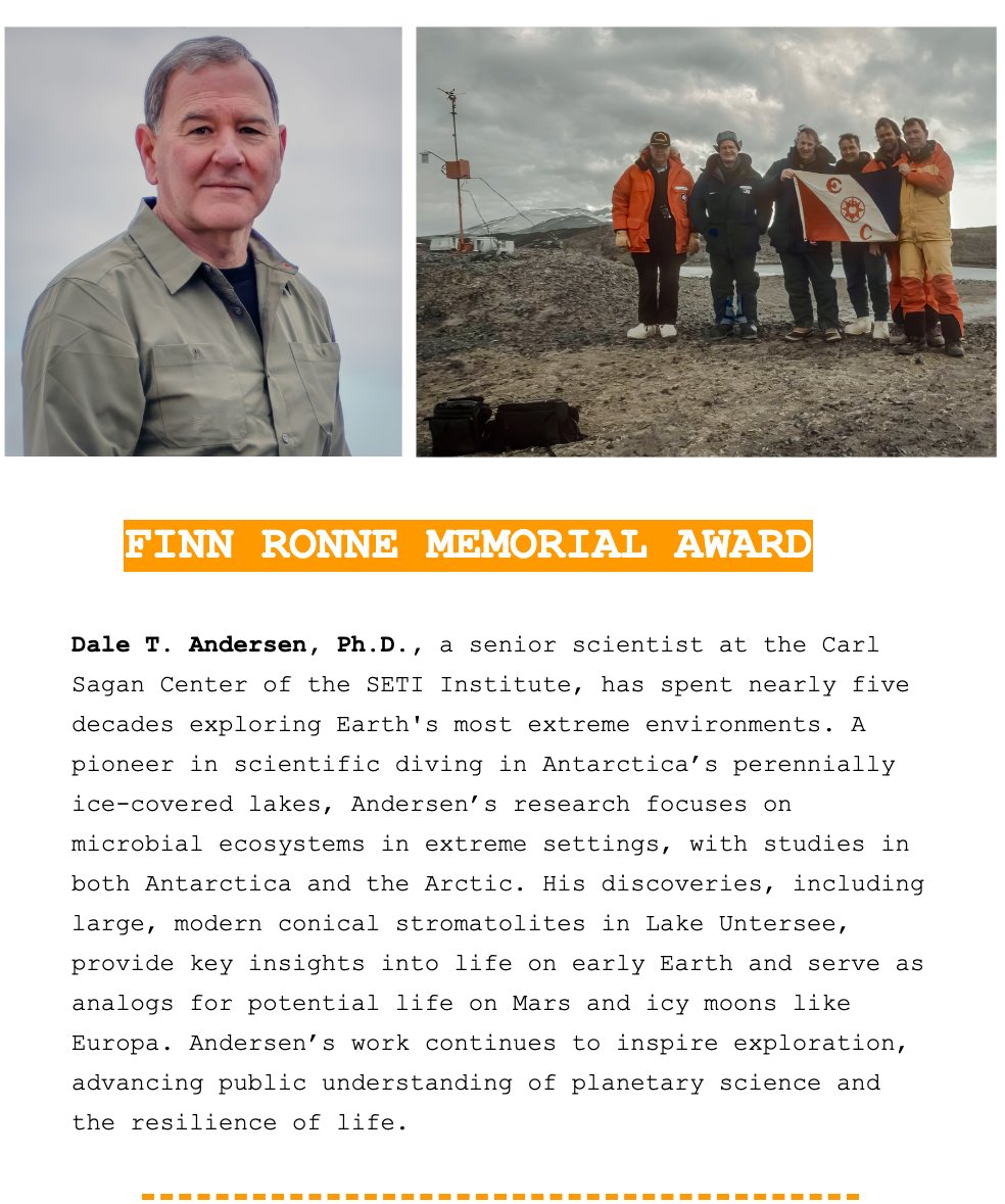 Astrobiologist <a href="/daleandersen/">Dale Andersen</a>  from <a href="/SETIInstitute/">The SETI Institute</a> , who has worked on innumerable <a href="/NASA/">NASA</a> #astrobiology #arctic #antarctic research projects for over 30 years, has been awarded the Finne Ronne Memorial Award by the <a href="/ExplorersClub/">The Explorers Club</a>  More info on his research over the past decades