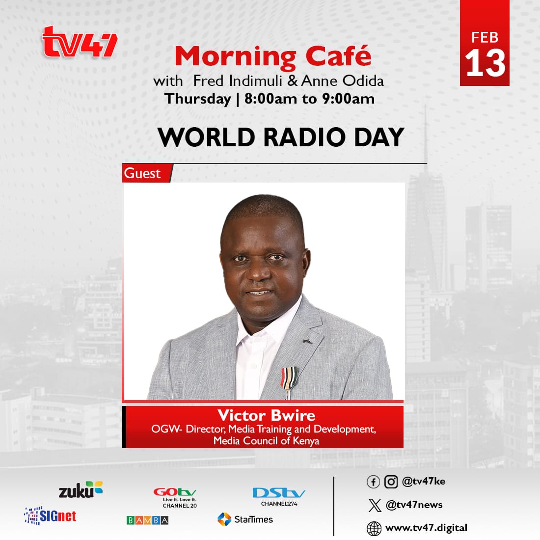 Can radio save the planet? Our Director of Media Training and Development .<a href="/vicbwire/">Victor Bwire OGW</a> will be discussing the crucial role of radio in the climate fight LIVE on .<a href="/tv47news/">TV47</a>'s Morning Cafe
 Don't miss it! #WRD2025
