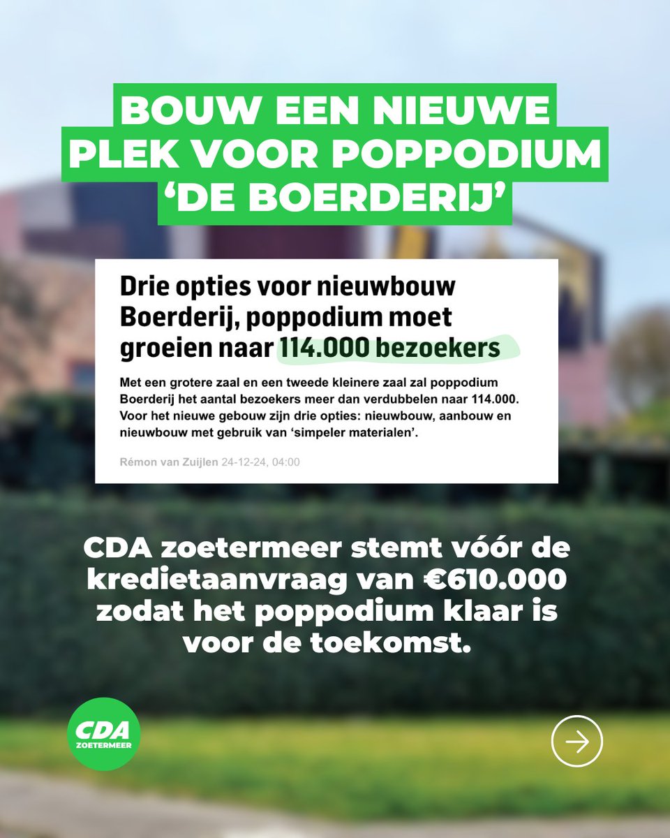 Eindelijk wordt er vaart gemaakt met de nieuwbouw van Poppodium de Boerderij! Dit icoon verdient een toekomstbestendig pand. Wij steunen nieuwbouw, maar vragen ook aandacht voor parkeerdruk.

Met €610.000 zetten we de volgende stap. Wij zijn vóór!