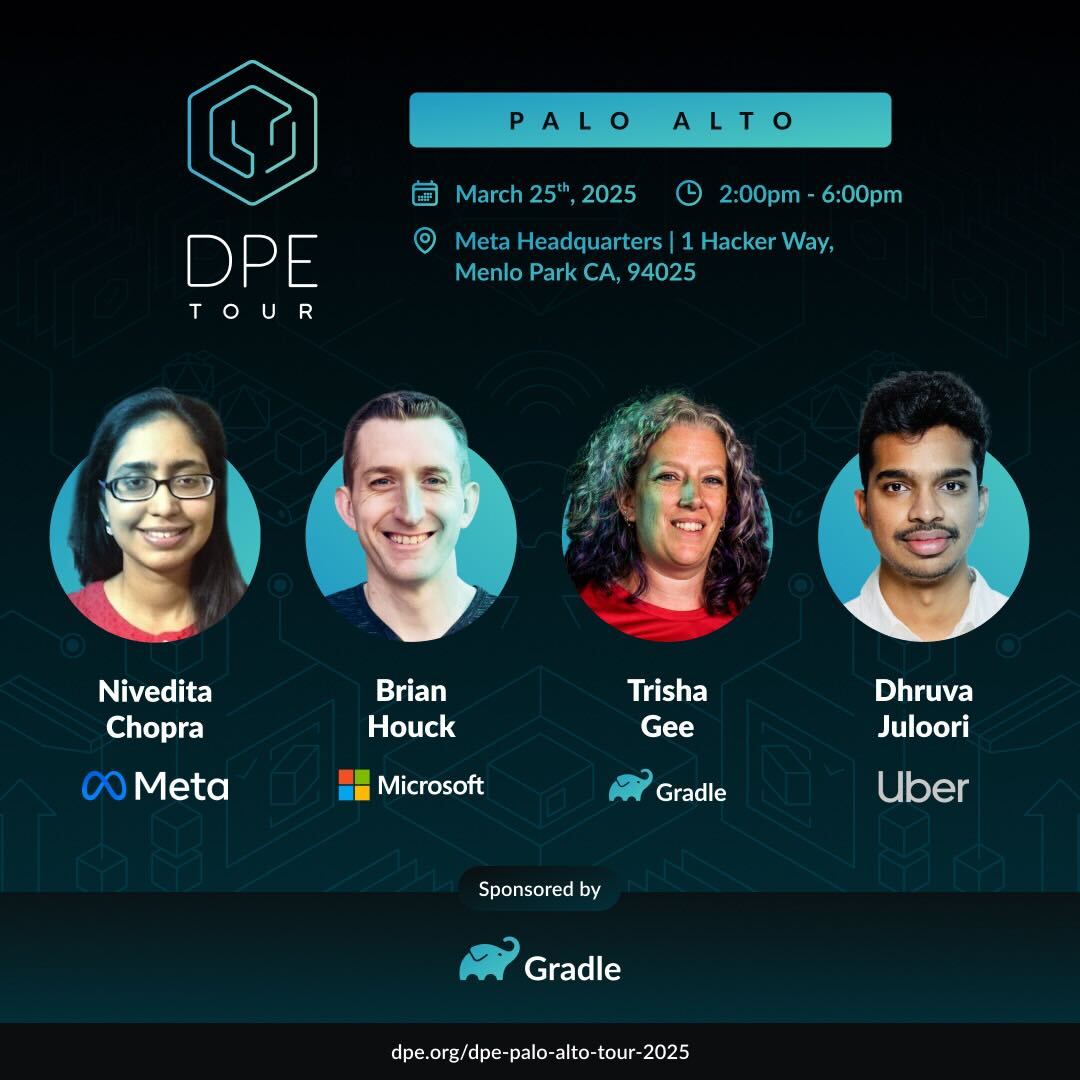 DevProdEng Showdown! (@dpeshowdown) on Twitter photo Our next in-person Developer Productivity meetup at <a href="/fb_engineering/">Engineering at Meta</a> HQ (March 25th) in Palo Alto CA w/ great talks from <a href="/trisha_gee/">Trisha Gee</a> (<a href="/gradle/">Gradle</a>) <a href="/savagehouck/">Brian Houck</a> (Microsoft) <a href="/djuloori27/">KD</a> (<a href="/UberEng/">Uber Engineering</a> ) sign up here: dpe.org/dpe-palo-alto-… Our next in-person Developer Productivity meetup at <a href="/fb_engineering/">Engineering at Meta</a> HQ (March 25th) in Palo Alto CA w/ great talks from <a href="/trisha_gee/">Trisha Gee</a> (<a href="/gradle/">Gradle</a>) <a href="/savagehouck/">Brian Houck</a> (Microsoft) <a href="/djuloori27/">KD</a> (<a href="/UberEng/">Uber Engineering</a> ) sign up here: dpe.org/dpe-palo-alto-…
