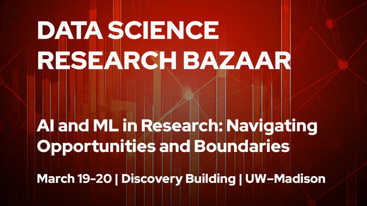 datascience@uw (@datascience_uw) on Twitter photo Registration is open for the <a href="/UWMadison/">UW–Madison</a> Data Science Research Bazaar, March 19-20. Don’t miss this opportunity to build connections and learn through lightning talks, interactive discussions, workshops, posters, a career panel and more! bazaar.datascience.wisc.edu #UWResearchBazaar Registration is open for the <a href="/UWMadison/">UW–Madison</a> Data Science Research Bazaar, March 19-20. Don’t miss this opportunity to build connections and learn through lightning talks, interactive discussions, workshops, posters, a career panel and more! bazaar.datascience.wisc.edu #UWResearchBazaar