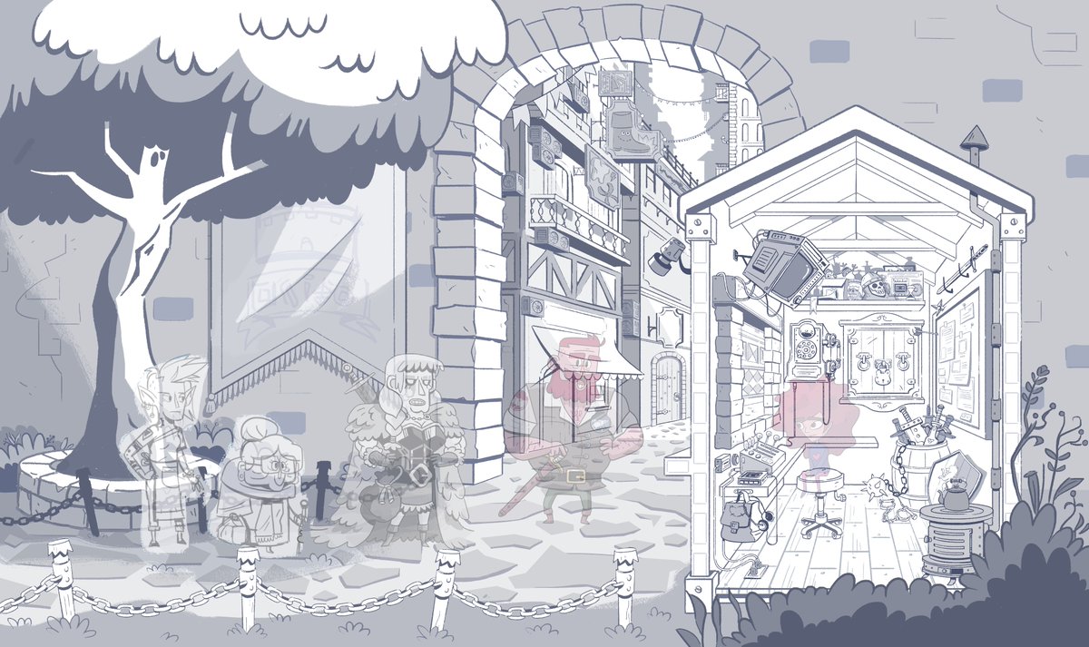 Another piece from the archive: Still amazed at how much life the art team squeezed in to the castle gate/guard shed location (not to mention easter eggs!).

Note the old versions of the character design!