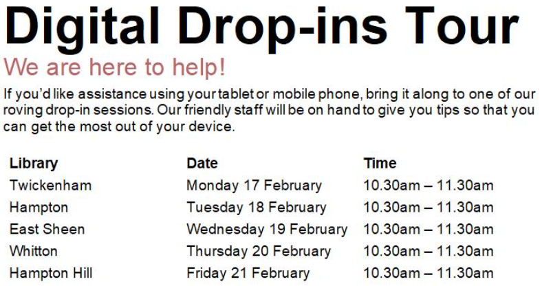 RichmondLibs's tweet photo. Next week we have our monthly digital drop-ins!
Pop by the following libraries to get some quickfire help with your smartphone or tablets.

#DigitalDropIn #Richmond https://t.co/qWYPoxNtXV