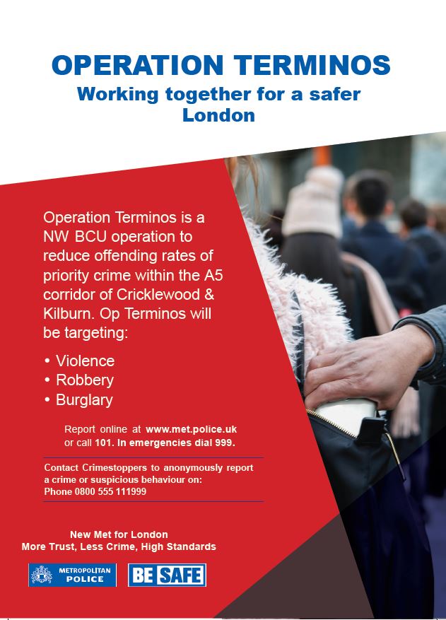 Operation TERMINOS Update!
 In January 16 arrests have been made related to Burglary, Drugs other offences, 11 stop and searches, 1x LFR Op, 2x Joint street operations with Brent Council, Eviction at Old Job Centre Cambridge Ave, Drugs Dog Op, Immigration Op with Barnet SNT.