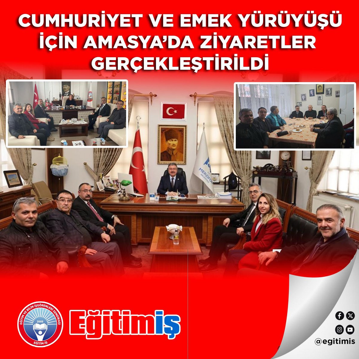 “Cumhuriyet ve Emek Yürüyüşü” kapsamında 15 Şubat Cumartesi günü Amasya'da gerçekleştirileceğimiz eylem öncesinde, Genel Eğitim Sekreterimiz Veli Fırat Şimşek ve Genel Basın Yayın ve Uluslararası İlişkiler Sekreterimiz Hüseyin Selçuk, Amasya Şube Başkanımız Hacı Şükrü Köse ve
