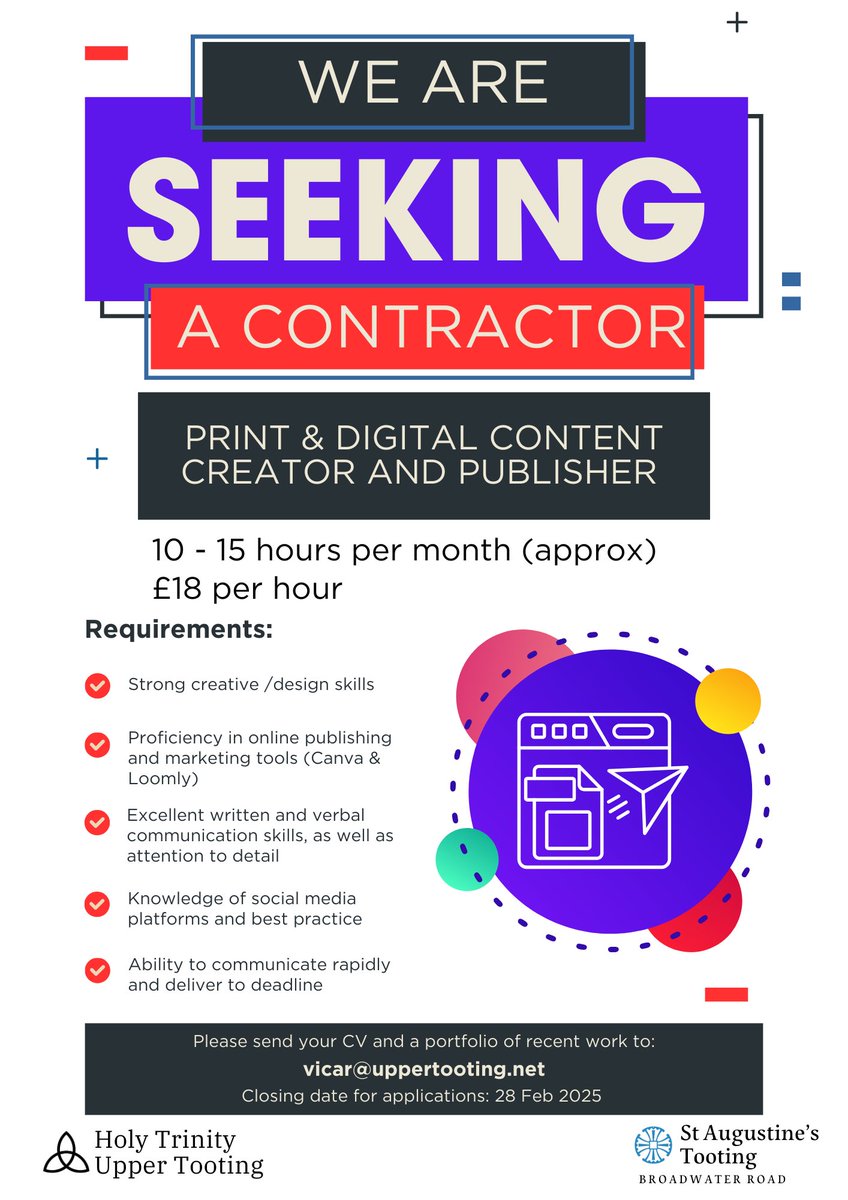 Exciting new role - we are seeking a Contractor for the role of Print and Digital Content Creator and Publisher for approx 10-15 hours per month at £18 per hour.

<a href="/SouthwarkCofE/">Southwark Diocese</a> <a href="/tootingnewsie/">Tooting Newsie</a> 

More information &amp; role specification:
augustinetooting.co.uk/_files/ugd/e1b…