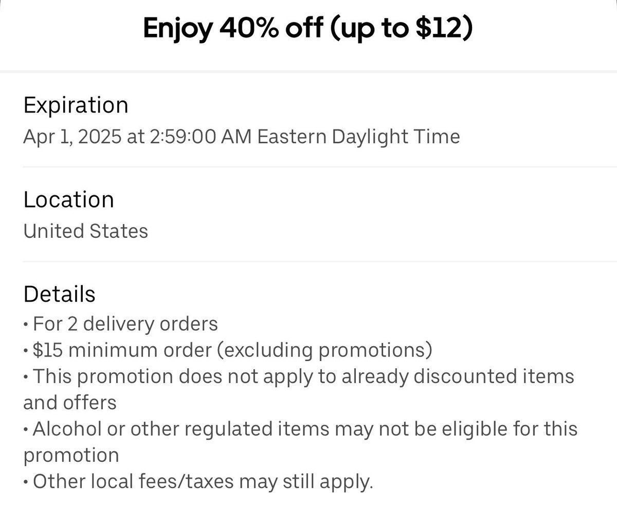 🍔 Receive 40% Off Your Next Six Eligible Orders (Up To $12) via Uber Eats. Delivery Orders Only.

🏷️ Try Redeeming All Three Codes! 

✅ Use Code FEBWRA In The Promotions Tab.
✅ Use Code MARINS In The Promotions Tab.
✅ Use Code MARWRA In The Promotions Tab.

#LRDeal
