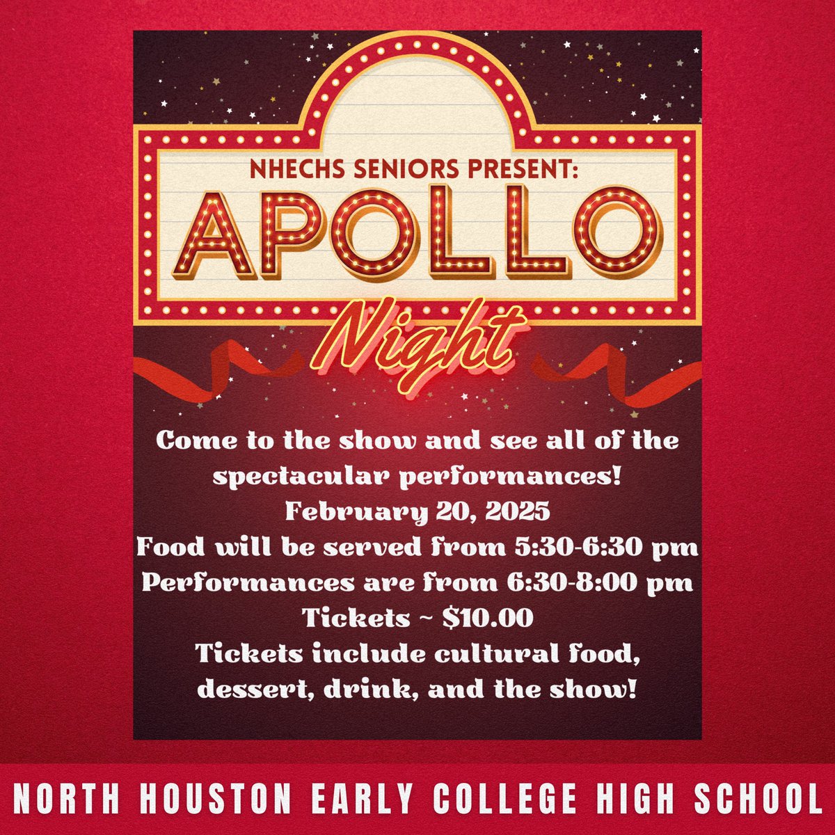 HISD_NHECHS's tweet photo. 🎤✨ NHECHS Seniors present Apollo Night on Feb 20, 2025! Enjoy cultural food, amazing performances, & a night of fun! 🍽️🎶 🎟️Tickets: $10 (includes food, drink, & the show!) ⏰ Food: 5:30 PM | Show: 6:30 PM 📍NHECHS. See you there! #ApolloNight #NHECHS https://t.co/dlXkgKM8eW