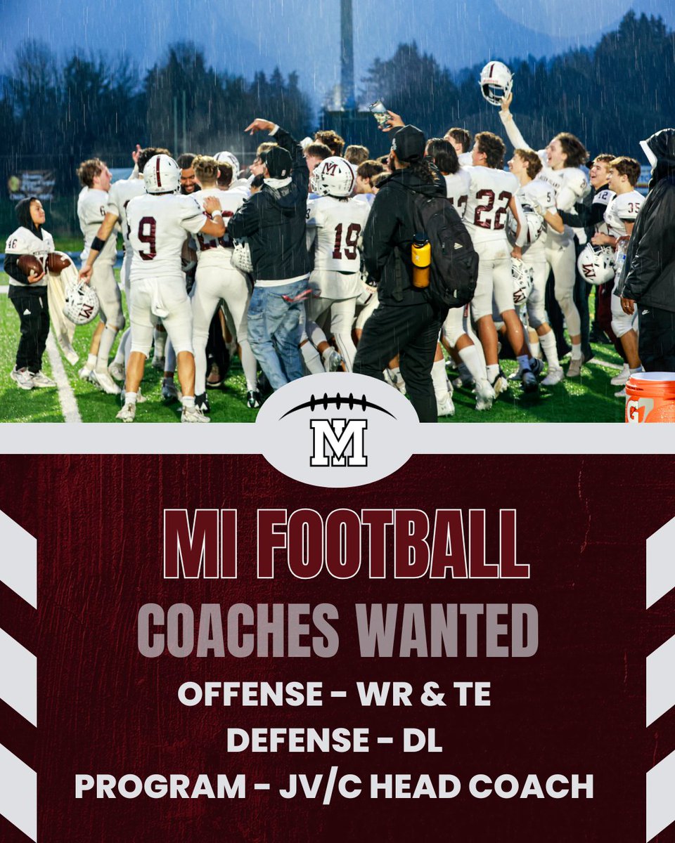 Do you know an amazing coach who wants to join a winning HS program? 🏈 

We're looking for:
Offense - WR &amp; TE
Defense - DL
JV/C Head Coach

Get in on the 2025 season by connecting with Head Coach DJ Mims. Contact email in profile. 
#GoMI #allin